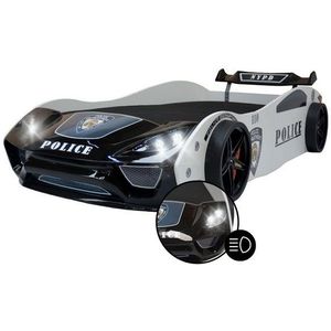 Coemo Autobett V2 POLICE (Komplett-Set Bett und Lattenrost), Kinderbett 90x200 cm Polizeiauto POLICE Rennwagen mit Beleuchtung
