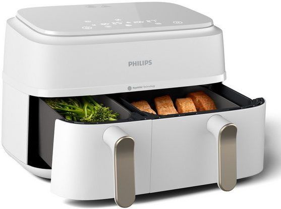 Philips Heißluftfritteuse 3000 Series NA353/10, Dual Basket Airfryer mit 9L Kapazität (3L+6L), 2750 W, RapidAir Technologie und 12 Kochfunktionen, Weiß/Champagner