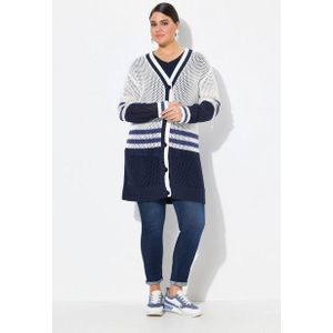 Ulla Popken Strickjacke Long-Strickjacke Streifen V-Ausschnitt Langarm