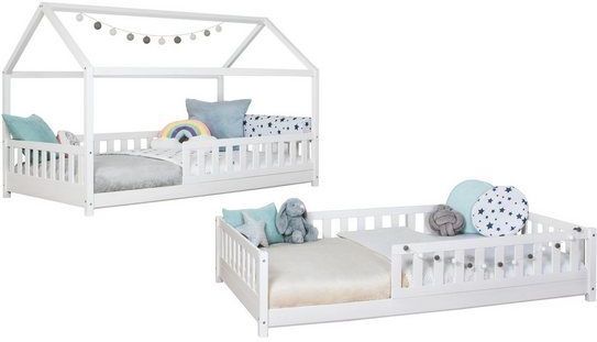 Ticaa Hausbett Duo mit Rausfallschutz aus Kiefer, Bodenbett 140x200, inkl. abnehmbarem Dach, mit Rollrost, mit Matratze