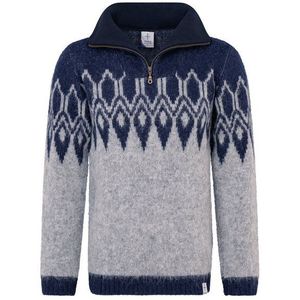 KIDKA Norwegerpullover - Troyer mit kurzem Reißverschluss - Farbe Grau / Dunkelblau - aus rauer isländischer Wolle