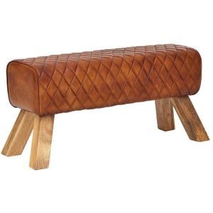 FINEBUY Sitzbank FB54089 (Echtleder / Massivholz 89x46x35 cm, Turnbock), Sitzbank Modern, Flurbank Lederbank Braun