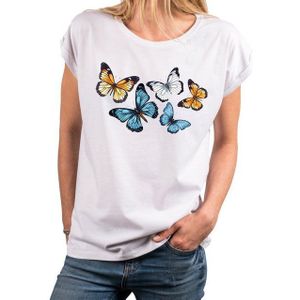 MAKAYA Print-Shirt Damen Kurzarm Baumwolle Schmetterling Butterfly Aufdruck Sommer Top große Größen