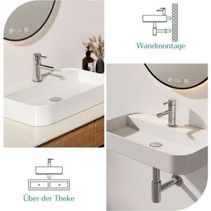EMKE Aufsatzwaschbecken Keramik Waschbecken Hängewaschbecken Eckiger Waschtisch Weiß Glänzend (Packung, Mit Hahnloch)