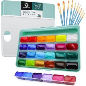 Artecho Bastelfarbe 35 Stk. Gouache Set - 24 x 30 ml Farben mit 10 Pinseln und 1 Palette, - Farben für Leinwand, Aquarell Papier und Acrylfarben Papier u.v.m.
