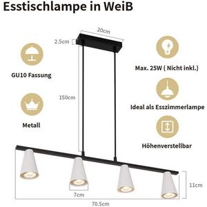 ZMH Pendelleuchte Esszimmer 4/6 Flammig GU10 Modern Hängeleuchte Wohnzimmer Flur, Einfache Installation, ohne Leuchtmittel, 150CM Schwarz-Weiß Esstischlampe hängend Industrial Küche