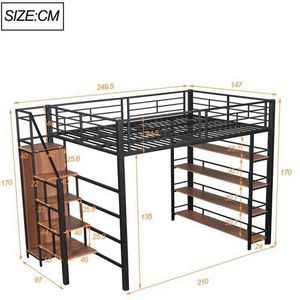 Flieks Hochbett Metallbett Doppelbett 140x200cm mit Stauraumtreppe und Kleiderschrank