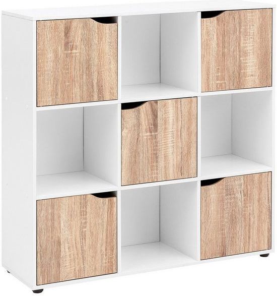 FINEBUY Standregal FB49685, 89x91x29 cm, Bücherregal mit 9 Fächern Sonoma Weiß, Sideboard mit 5 Türen, Würfelregal Raumteiler