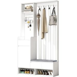 Merax Garderoben-Set mit gepolsterter Aufbewahrungsbank, (Kompaktgarderobe für Ihren Eingangsbereich, H180/B100/T35 cm), Flurgarderobe mit Sitzbank, Stecktafel, Schubladen & Kleiderhaken