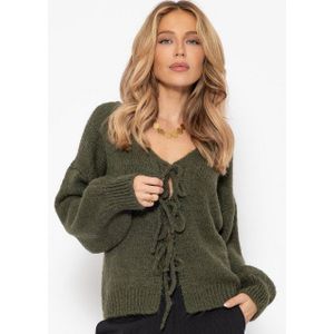 SASSYCLASSY Cardigan Strickjacke Damen mit Schleifenverschluss Oversize Cardigan Damen aus weichem Strick zum Binden - Khaki Beige