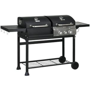 Outsunny Gasgrill Grillwagen mit 2+1 Brenner, Thermometer, 3kW BBQ Grill, Holzkohlgrill, Campinggrill, für Garten, Balkon, Schwarz