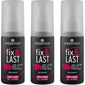 Essence Fixierspray fix & LAST 18h LONG-LASTING MAKE-UP FIXING SPRAY, 3-tlg., Hält das Make-up bis zu 18 Stunden mit gleichmäßiger Sprühverteilung.