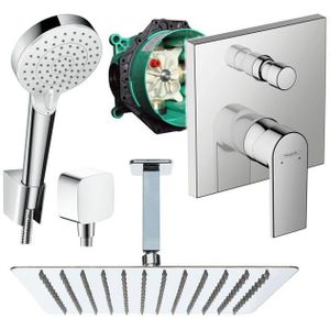 Hansgrohe und Jowi Duscharmatur Vernis Shape, Unterputz Duschsystem mit Kopfbrause, Deckenanschluss (Unterputz-Duschsystem, Set) Kopfbrause und Deckenanschluss aus Edelstahl