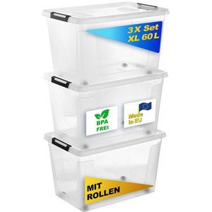 Gardissimo Aufbewahrungsbox 3 er Set mit Deckel "Clip" 60 Liter Kunststoff Boxen Stapelboxen (Spar-Set, 3 Boxen + 3 Deckel), mit Clipverschluss / Rollen / staperlbar / nestbar