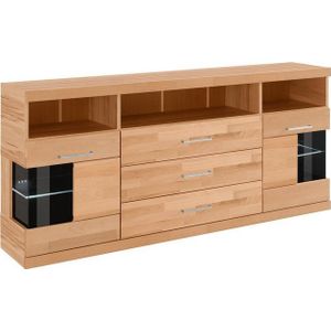 Home affaire Sideboard Ribe,180cm breit, Fronten Massivholz,7 Fächer,Böden versetzbar, Korpus Holzwerkstoff,Türen mit Glaseinsatz,3 breite Schubladen