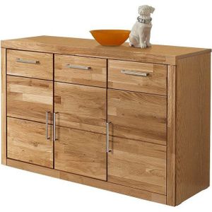 Home affaire Sideboard Logo,130cm breit,42 cm tief, Fronten Massivholz,2 breite Fächer, Holz massiv, Holzwerkstoff, Metall Griffe,3Türen,3Schubladen