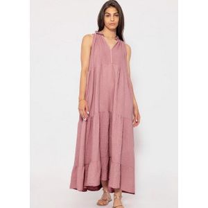 SASSYCLASSY Maxikleid Langes Musselin Kleid mit Stufendesign Maxikleid aus Baumwolle mit V-Ausschnitt und Fransen