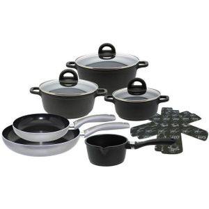 Elo Topf-Set Black, Ducato, Aluminiumguss (Set, 11-tlg., 3 Töpfe mit Deckel, 1 Stielkasserolle, 2 Bratpfannen, 2 Stapelschutz), mit hochwertiger Antihaftversiegelung, Induktion