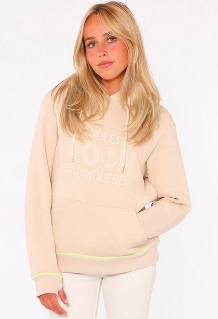 Zwillingsherz Hoodie Strandleben Moin mit gesticktem Schriftzug und neonfarbenen Akzenten