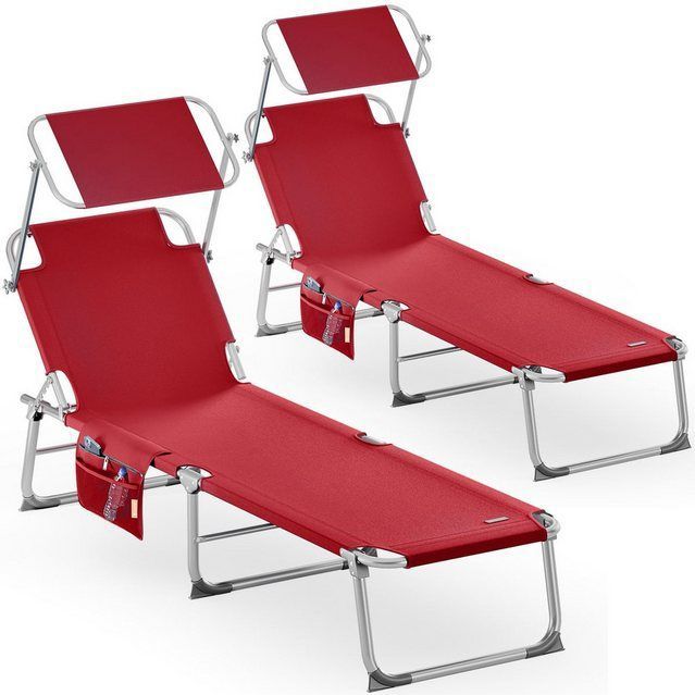 Casaria Gartenliege Ibiza, 2 St., Sonnenliege Klappbar 2er Set mit Dach Liegestuhl Strand 190x60cm Rot