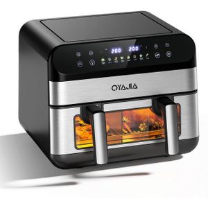 oyajia Heißluftfritteuse Heißluftfritteuse mit Doppelkammer, 9L 10L Airfryer mit Sichtfenster, 2600,00 W, 8 in 1 Funktionen, Backofen, Dörrautomat, Grill, Warmhalten&Auftauen