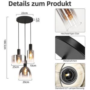 ZMH Pendelleuchte Esszimmer 3/4 Flammig E27 Rauchgrau 180CM Hängeleuchte Treppenhaus, Einfache Installation, ohne Leuchtmittel, Höhenverstellbar Glas Vintage für Schlafzimmer küche