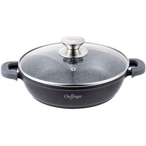 Cheffinger Servierpfanne Pfanne Bratpfanne Schmorpfanne mit Glasdeckel Aluguss Ø32cm, Material: Aluminium, Glas, rostfreier Stahl (Pfanne mit Glasdeckel)