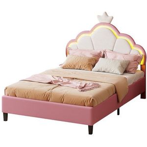 FUROKOY Polsterbett LED Beleuchtung Krone Samt Kinderbett, 90x200cm Jugendbett mit verstellbarem Kopfteil,weiß-rosa
