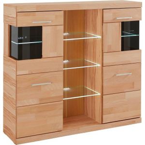 Home affaire Highboard Ribe,120cm breit,112cm hoch, Fronten Massivholz,12 Fächer, Holz massiv, Holzwerkstoff, Metall Griffe,2Türen mit Glaseinsatz
