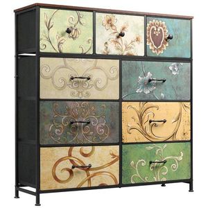 FUROKOY Kommode Vintage Stoffkommode Sideboard mit klappbaren Stoffschubladen (Mehrzweckschrank Aufbewahrungsschrank Holzoptik, Retro-schubladenschrank für Arbeitszimmer Flur Wohnzimmer Schlafzimmer), 9 Stoffschubladen