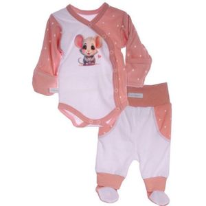 La Bortini Body & Hose Wickelbody Schlupfhose Baby Anzug Set in Weiß Rosa mit Maus aus reiner Baumwolle, 44 50 56 62 68 74 80 86