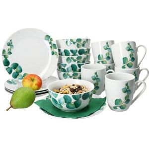 MamboCat Frühstücks-Geschirrset Eukalyptus 18tlg Frühstücksset Porzellan 6 Personen Teller Becher, Porzellan