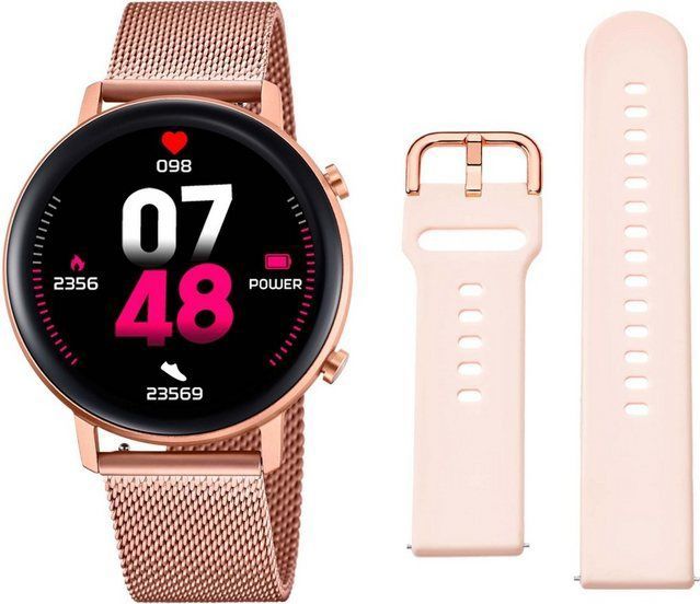 Lotus 50042/1 Smartwatch Set, 2-tlg., mit Wechselarmband aus rosanem Silikon, Armbanduhr, Damenuhr, Geschenkidee, Edelstahlarmband, Datum