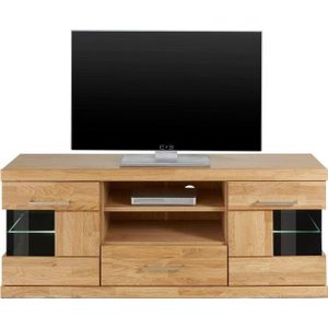Home affaire Lowboard Ribe,140cm breit, Fronten Massivholz,6 Fächer,Kabeldurchführung, Korpus Holzwerkstoff,Glaseinsatz aus gehärtetem Glas,Böden versetzbar