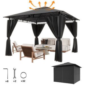 GUNJI Pavillon Gazebo Partyzelt 3*3CM wasserdichter Gartenpavillon für 6-8 Personen, mit 4 Seitenteilen, (Mit 4 Seitenwänden, UV-Schutz, Doppeldach, geeignet für Gärten, Terrassen, erhältlich in den Farben beige und grau)