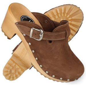 Cloque Berhida Damen Leder Clogs mit Absatz, Echtholz, Schnalle Clog Aus echtem Leder