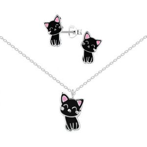 ALEXANDER YORK Schmuckset KATZE schwarz, 4-tlg., 925 Sterling Silber