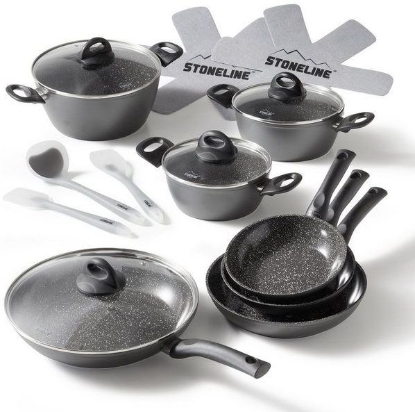 STONELINE Topf-Set, Aluminium, Keramik (Kochgeschirr-Set, 16-tlg., Kochgeschirr-Set, 3x Kochtopf, 4x Bratpfanne, 4x Glasdeckel, Zubehör), mit echten Steinpartikeln, induktionsgeeignet, Designed in Germany