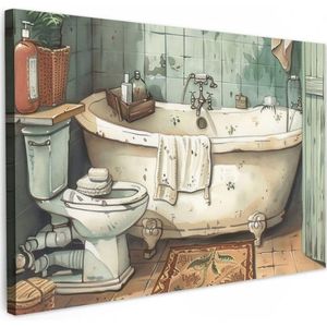 OneMillionCanvasses® Leinwandbild Vintage - Badewanne - Badezimmer - Illustration, Fotodruck (1 St), Bilder für Badezimmer, Bad und Toiletten Deko, Bild WC 30x20 cm