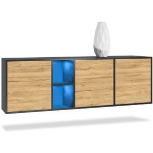Vladon Sideboard Cuba (Kommode, mit 3 Türen und 2 offene Fächer), Schwarz matt/Eiche Natur inkl. LED-Beleuchtung (182 x 53 x 35 cm)