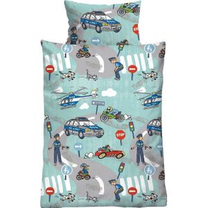 Biberna Kinderbettwäsche Ela in Gr. 100x135 oder 135x200 cm, für Kinder, Kinderbettwäsche, Feinbiber, 2 teilig, Feinbiber kuschelig warm im Winter, Kinderbettwäsche Polizei, Kinder