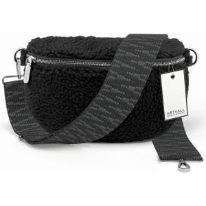 ARTVALL Umhängetasche Teddy Handtasche Brusttasche Crossbody Bag Schwarz, Bauchtasche Teddytasche mit breitem Band Plüsch Tasche flauschig Klein