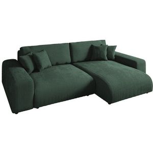 luma-home Ecksofa 21005, mit Schlaffunktion und Bettkasten 255x165 cm, Wellenunterfederung, Ottomane links oder rechts montierbar, Cord-Bezug Grün