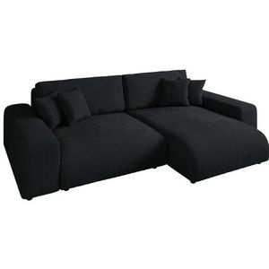 luma-home Ecksofa 21008, mit Schlaffunktion und Bettkasten 255x165 cm, Wellenunterfederung, Ottomane links oder rechts montierbar, Cord-Bezug Schwarz