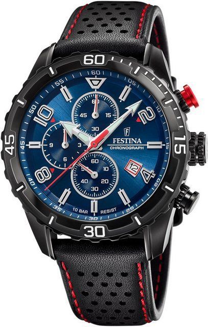 Festina Chronograph F20519-2 Blau Lederband Schwarz 45 mm