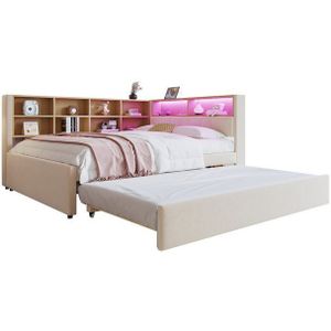 HAUSS SPOLE Schlafsofa 90x200 mit ausziehbett 90x190 mit LED Leuchten und Staufächern Beige, mit Ausziehbett 90x190 cm, Daybett Tagesbett mit USB-Steckdose & Stauraum, Polsterbett für Wohnzimmer & Gästezimmer 90x200 cm, ohne Matratze