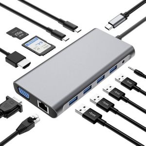 RWEUOQ Laptop-Dockingstation Laptop-Dockingstation 12in1 USB-C HUB Docking Station Adapter, (4K-HDMI- (3840 x 2160, 30 Hz) und VGA-Videoausgänge (1920 x 1080, 60 Hz), Display 4K-HDMI USB 3.0 RJ45(bis zu 100 MBit/s)