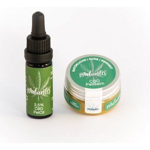 Malantis Pflege-Geschenkbox CBD Pets Paket PetBalm & PetCareOil mit Kokos-, Hanfsamen-, Mandel- & Rosmarinöl - Pfotenbalsam + Fellpflege, 2-tlg., CBD für Tiere - Handmade in Germany