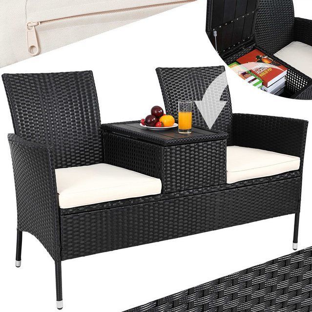 Casaria Gartenbank, Sitzbank inkl. Auflagen Polyrattan 320kg Belastbar Tisch Garten