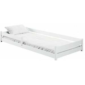 Kids Collective Kinderbett Bodenbett Bett mit Rausfallschutz & Lattenrost Montessori Bett Kinder (weitere Größen, 90x190 I 90x200 I 120x200, 140x200 cm), Jugendbett Einzelbett mit Matratze, weiß Kiefer 80x160 cm